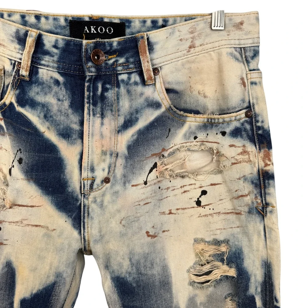 Akoo Jeans 32x31 Distressed Bleach Wash Paint Splatter Denim Hip‎ Hop Streetwear - Picture 7 of 12